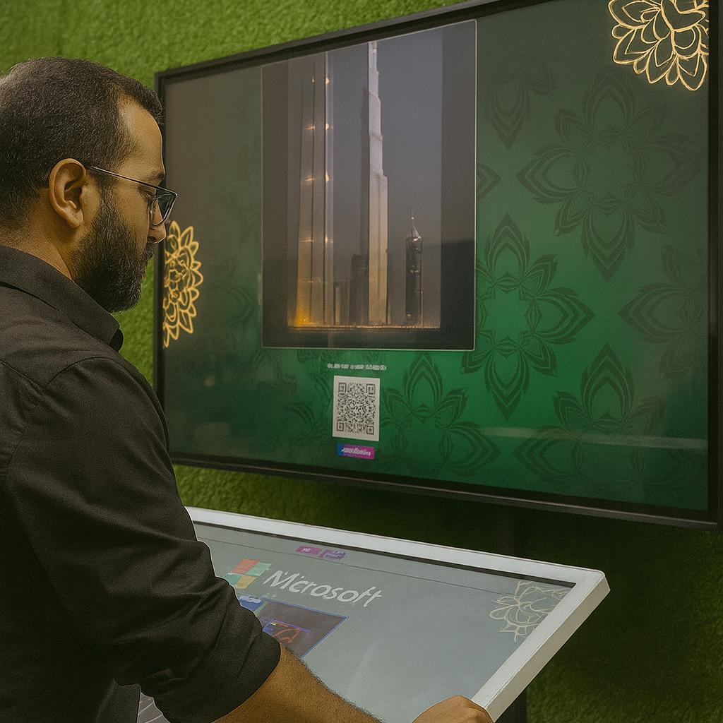 Guest using interactive screen for real-time AI painting at Dubai event, creating digital artwork with immersive technology experience by Mirror Booth Dubai